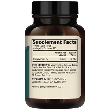 Supplement Facts label for Mercola Niacin Vitamin B3 Mini Tablets 50 MG