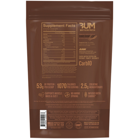 Supplement Facts label for RAW CBUM Series Mass Gainer Protein Powder Chocolate