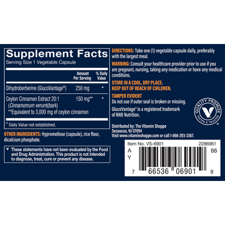 Vthrive Dihydroberberine with Ceylon Cinnamon Supplement Label