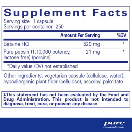 Supplement Facts for Pure Encapsulations Betaine HCl Pepsin
