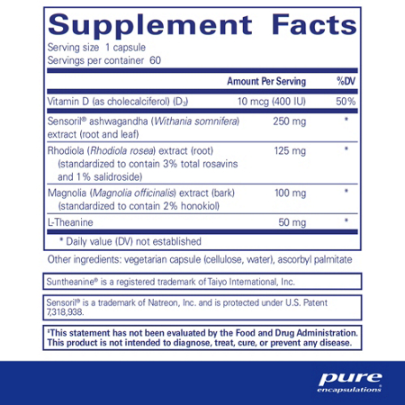 Supplement Facts label for Pure Encapsulations Cortisol Calm Capsules