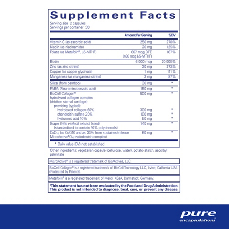 Supplement Facts label for Pure Encapsulations Hair Skin Nails Ultra