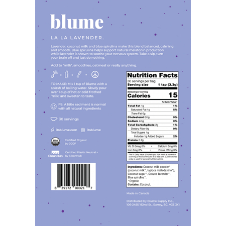 Blume Organic Superfood Latte Powder Blend Blue Lavender label