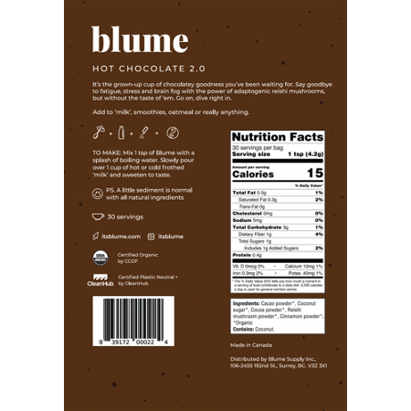 Blume Organic Superfood Latte Powder Blend Reishi Cacoa label view 3