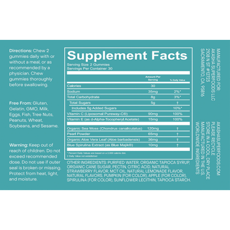 Supplement Facts label for Akasha Superfoods Sea Moss Glow Gummies