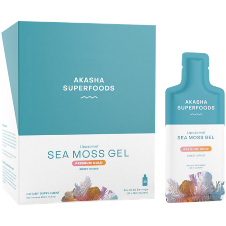 Akasha Superfoods Liposomal Sea Moss Gel box and packet front.