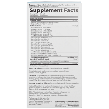 Supplement Facts label for Probiotics Sport Plus with Turmeric