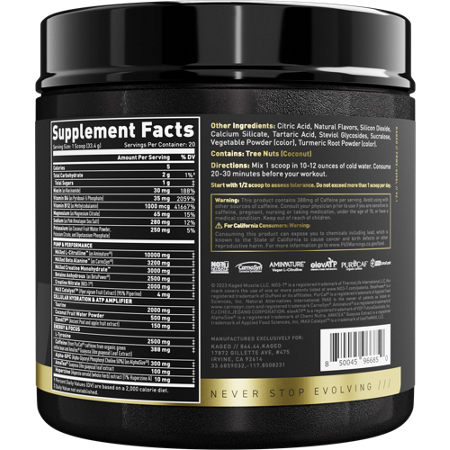 Supplement Facts label for KAGED Pre-Workout Elite Series Strawberry Lemonade