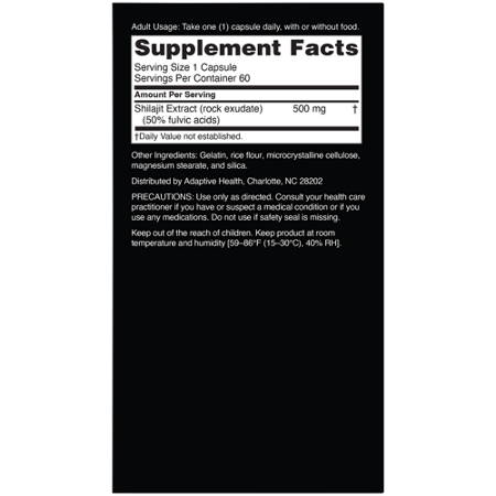 Supplement Facts label for Nugenix Shilajit Capsules 500 MG