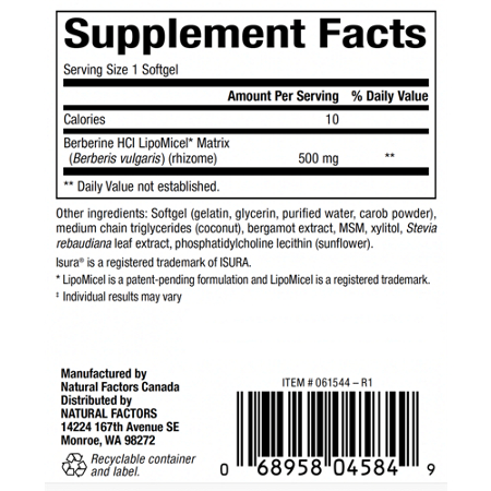 Supplement Facts label for Natural Factors Berberine LipoMicel Matrix 500 MG