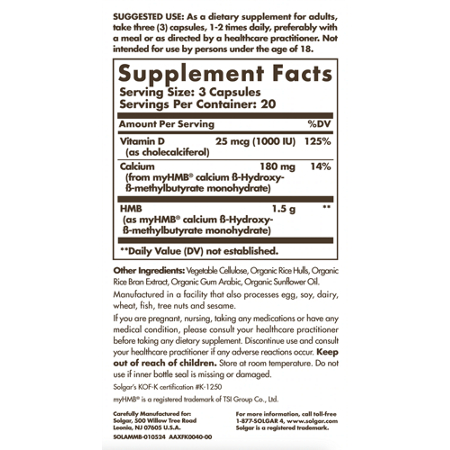 Supplement Facts label for Solgar Muscle Maintenance with myHMB and Vitamin D3