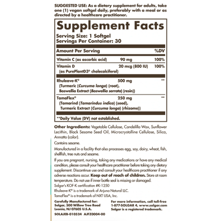 Supplement Facts label for Solgar Joint Ease with TamaFlex Rhuleave-K