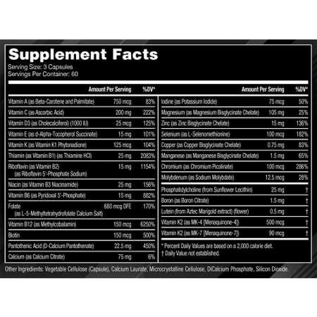 Supplement Facts label for Gorilla Mind Elite Multivitamin Capsules