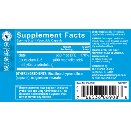 Supplement Facts label for 400 MCG Methylfolate Capsules