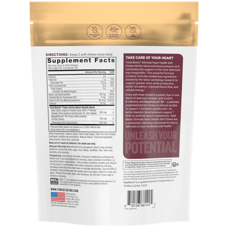 Supplement Facts label for Force Factor Total Beets Chews with CoQ10