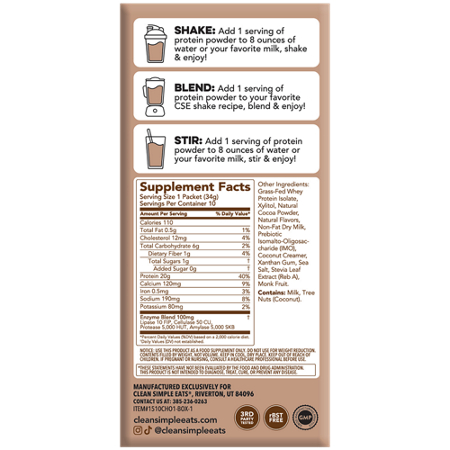 Clean Simple Eats Whey Protein Chocolate Supplement Label