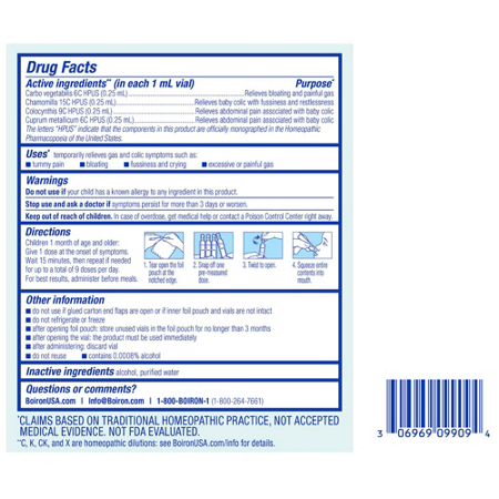 Boiron Camilia Tummy Medicine Drug Facts label