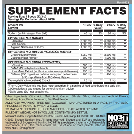 Evogen Nutrition EVP Xtreme Elite Pump Supplement Label