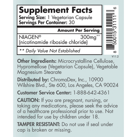 Supplement Facts label for Tru Niagen Increases NAD 300 MG Vegetarian Capsules