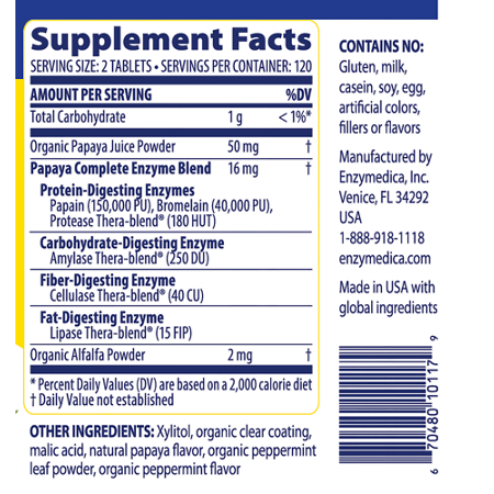 Supplement Facts label for Enzymedica Papaya Complete Tablets