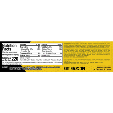 Nutrition Facts label for Battle Bars Crispy Protein Bar Gluten Free Lemon