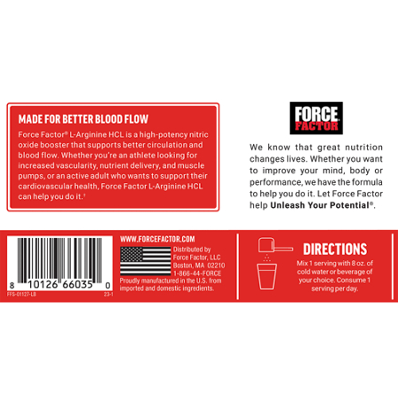 Directions for Force Factor L-Arginine HCL Boosts Nitric Oxide and Circulation