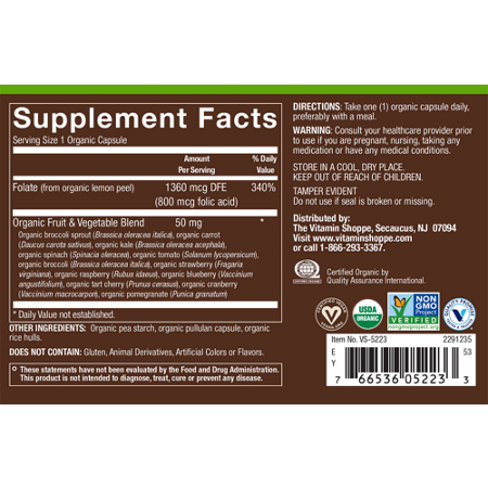 Supplement Facts: plnt Organic Folate Prenatal, 800 mcg
