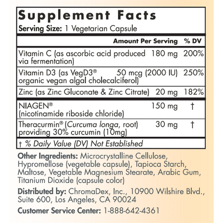 Supplement Facts label for Tru Niagen Immune Daily Defense
