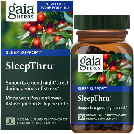 Gaia Herbs SleepThru Sleep Support capsules box and bottle front