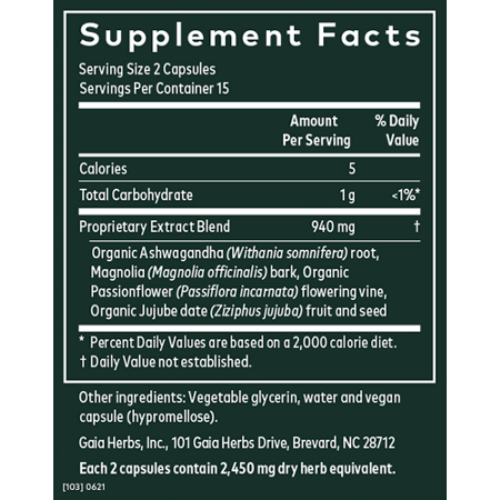 Supplement Facts label for Gaia Herbs SleepThru Sleep Support Capsules