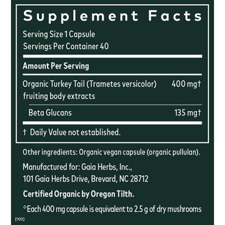 Gaia Herbs Turkey Tail Mushroom Supplement Label