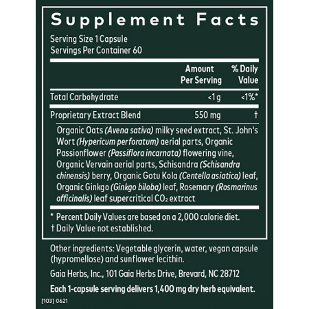 Supplement Facts label for Gaia Herbs Emotional Balance