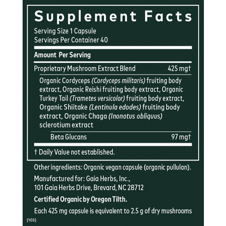 Gaia Herbs Immune Mushroom Blend Supplement Facts Label