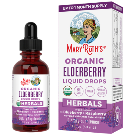 MaryRuth's Organic Elderberry Liquid Drops bottle and box front