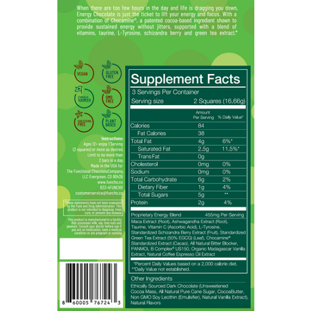 Energy Chocolate Espresso, Supplement Facts label