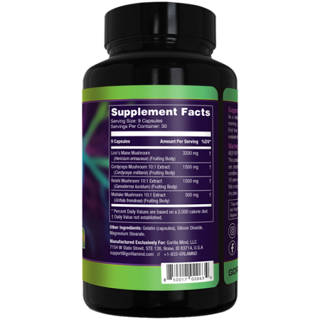 Supplement Facts label for Gorilla Mind Shroom Cognitive Support