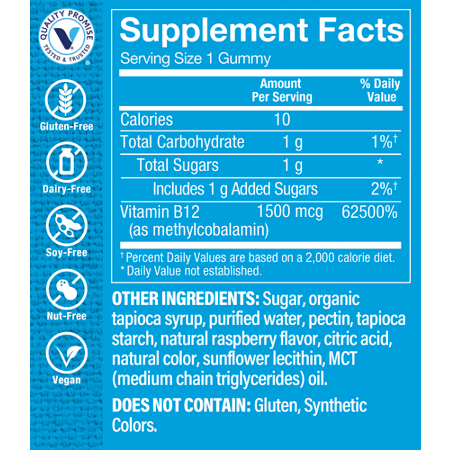 B12 Gummies Label: Energy Support 1500 MCG Raspberry