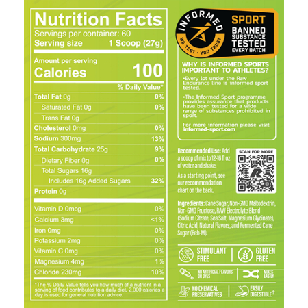 Supplement Facts label for RAW Fuel Premium Endurance Formula Lemon Lime