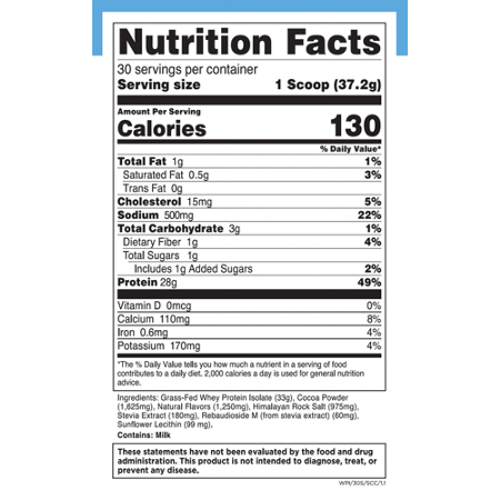 Supplement label for Grass Fed Whey Protein Salted Caramel