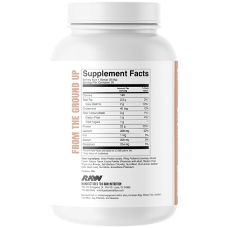 Supplement Facts label for RAW Whey Protein Blend Chocolate Milk