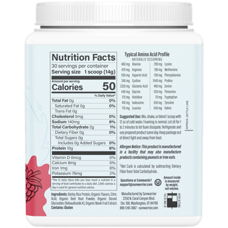 Supplement Facts label for SunWarrior Clear Protein Refresh Raspberry