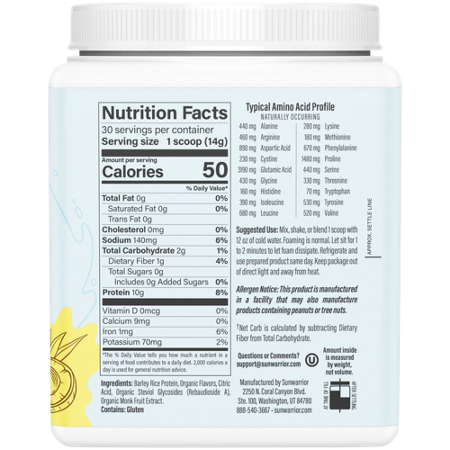 Supplement Facts label for SunWarrior Clear Protein Refresh Pineapple Coconut