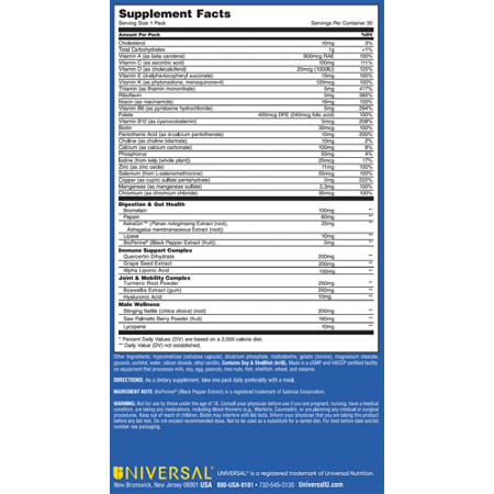 Supplement Facts label for Universal Mens Health Pack
