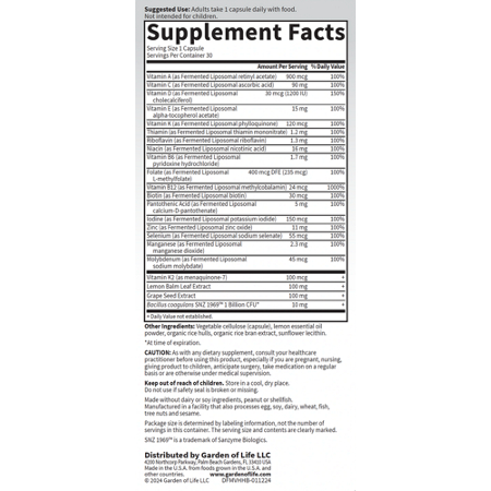Label for Garden of Life Multi Heart Health with Vitamin K2
