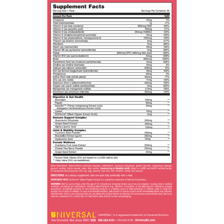 Supplement Facts label for Universal Women's Health Pack