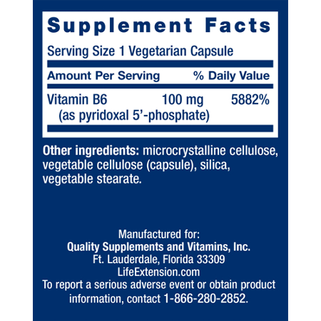 Supplement Facts label for Life Extension Pyridoxal 5-Phosphate 100 MG
