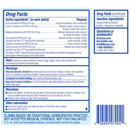 Drug Facts label for Boiron Arnicare Leg Cramps PM Homeopathic Medicine