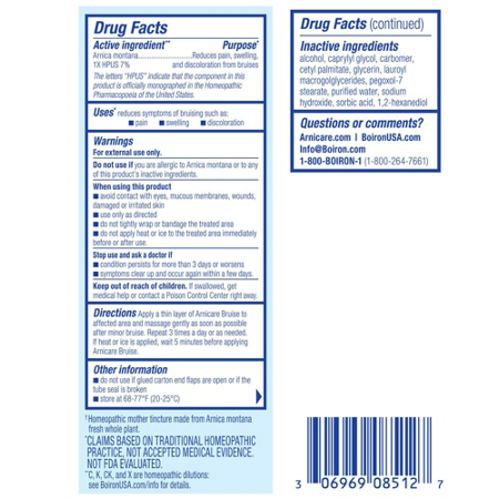Drug Facts label for Boiron Arnicare Bruise Cream