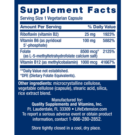 Supplement Facts label for Life Extension Homocysteine Resist Capsules