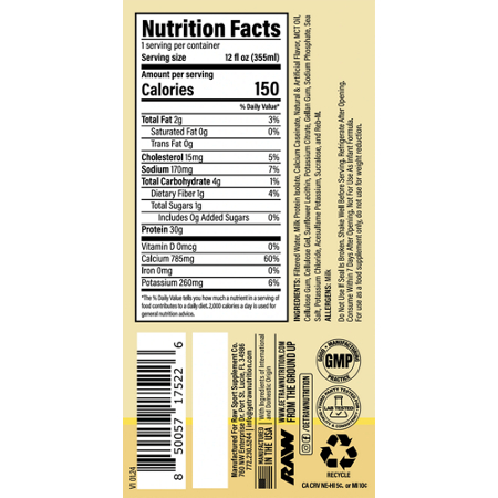 Supplement Facts label for RAW Ready to Drink Protein Shake Vanilla Milkshake